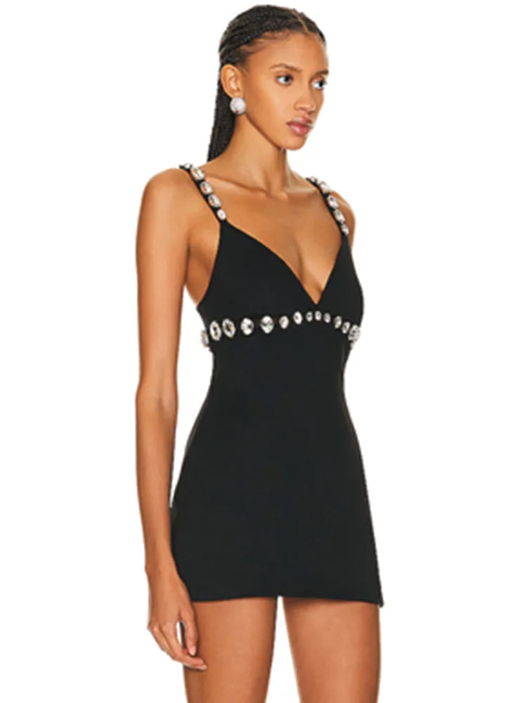 Beaded Rhinestone Black Mini Dress