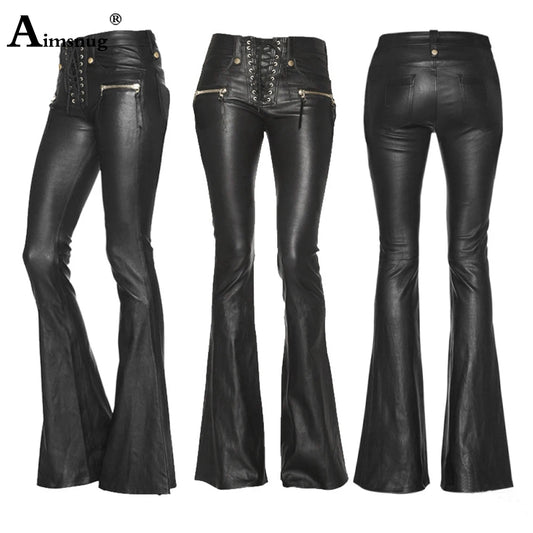 Leather Pants High Waist Female Flare Pants