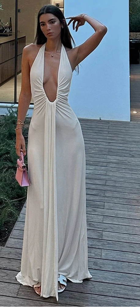 Backless Maxi Dress Classic Solid Low Neck