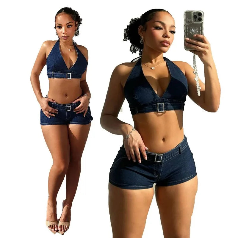 Denim Two Piece Set Diamonds Buckle Belt Lace Up Halter